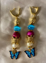 Load image into Gallery viewer, Pink &amp; Turquoise Butterfly Gemstone Tibetan Dangle Earrings
