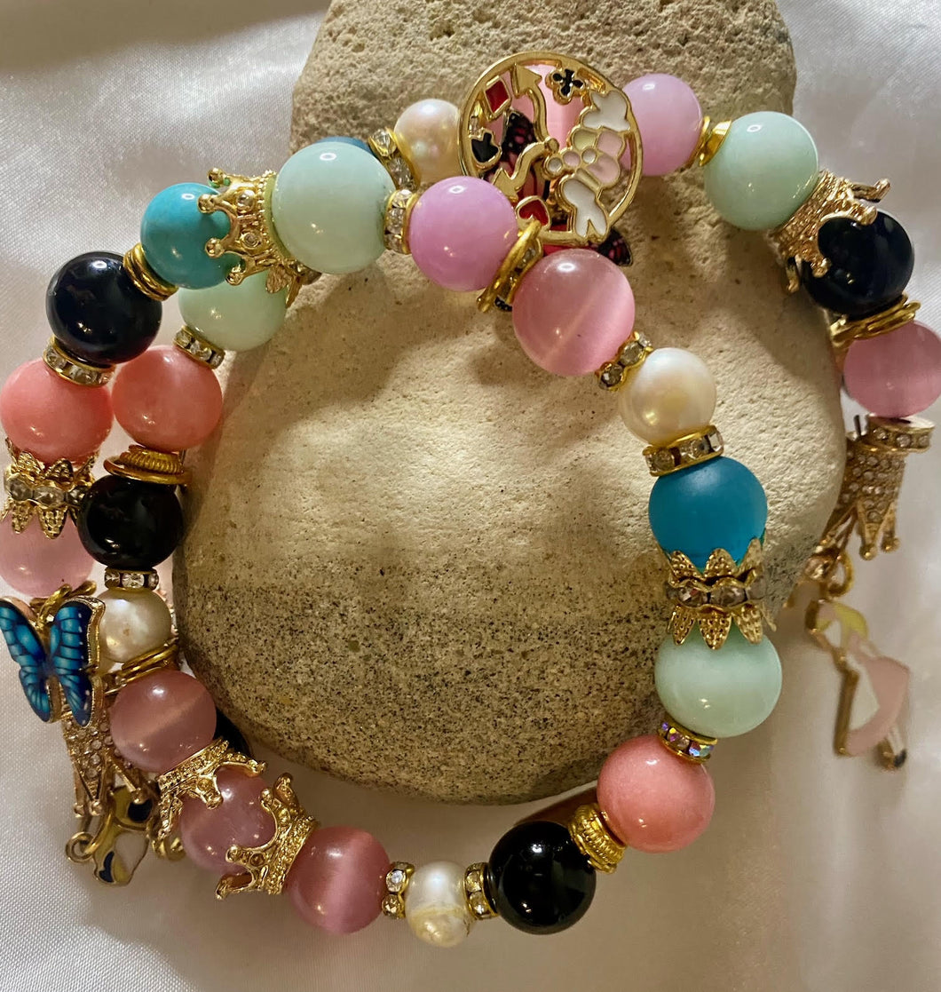 Exotic Pink Tiger Eye  Pearl & Agate Gemstone Tibetan Double Wrap Bracelet, Alice in Wonderland Charms