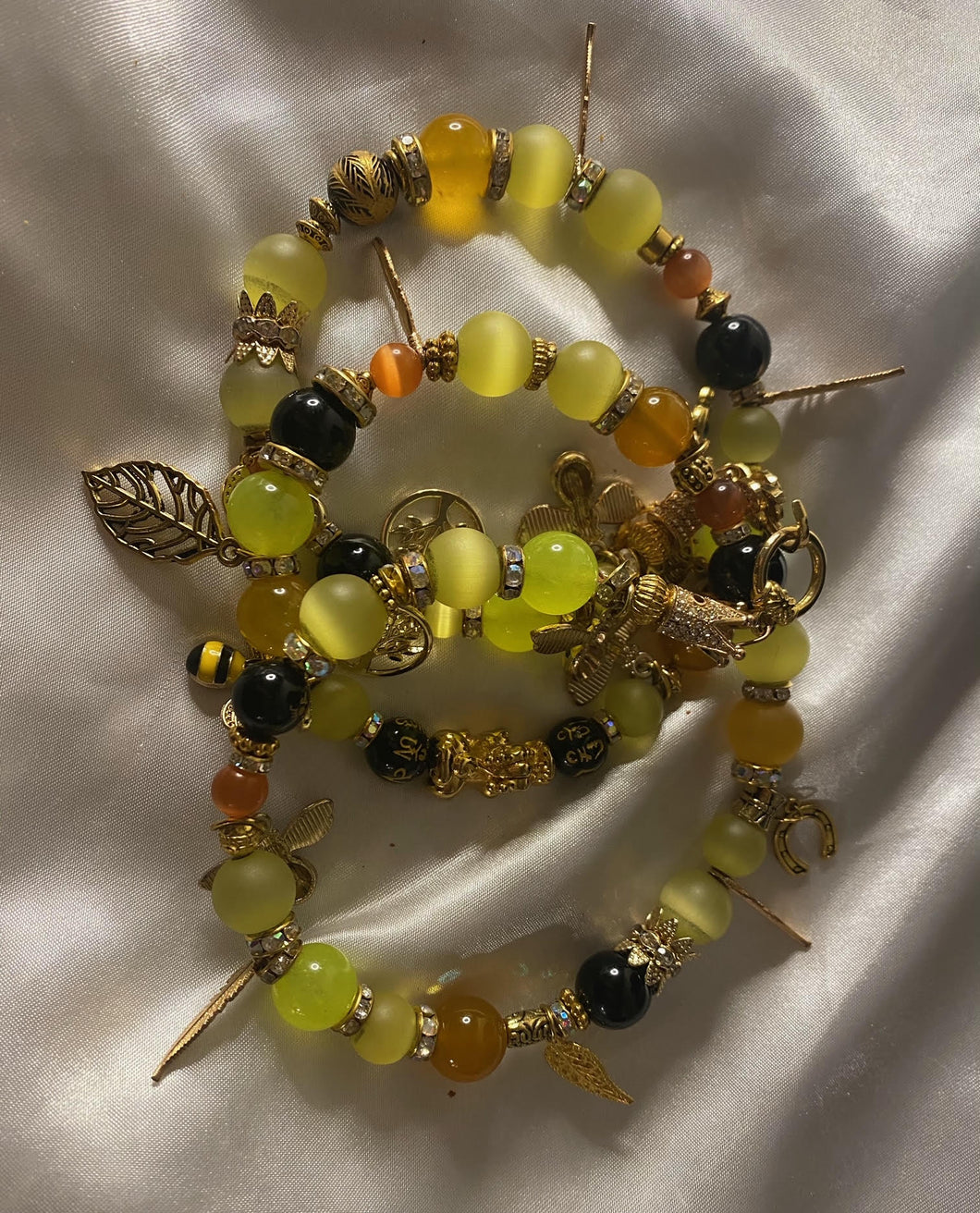 Light Green, Yellow Tiger Eye,  Orange Agate  & Black Obsidian Gemstone Tibetan Triple Wrap Bracelet