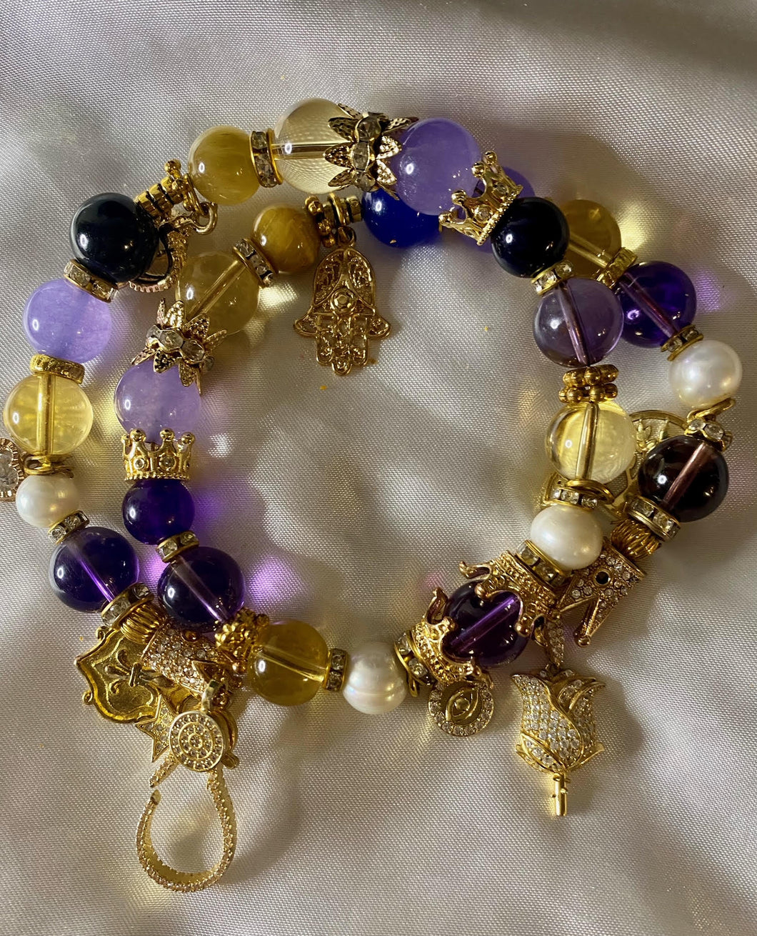 Exotic Purple Ametrine & Purple Agate & Gold Tiger Eye Gemstone Tibetan Double Wrap Bracelet