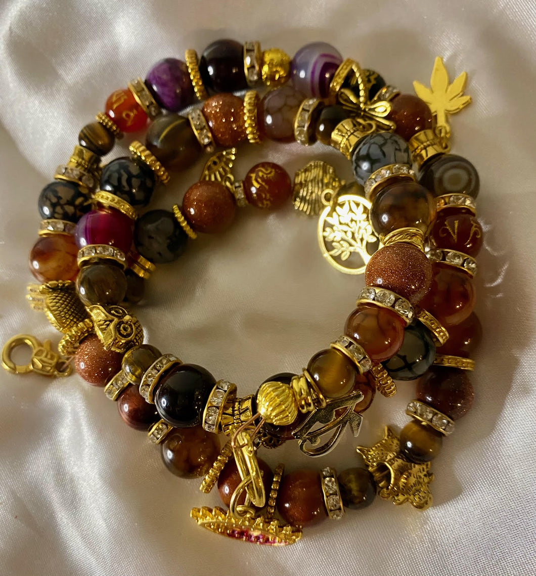 Brown Tiger Eye & Grey Dragon Vein Agate Triple Wrap Bracelet