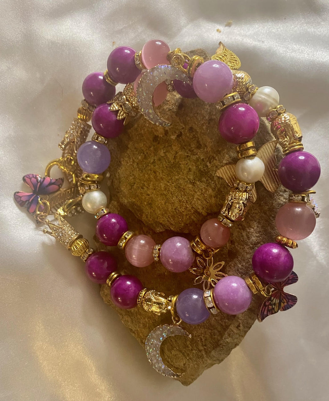 Exotic Pink Tiger Eye, Cultured Pearl & Deep Pink Jasper Gemstone Tibetan Double Wrap Bracelet