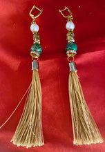 Load image into Gallery viewer, Exotic Green Jasper Gemstone Tibetan Style Dangle Earrings with Silk Tassels
