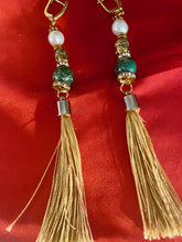 Load image into Gallery viewer, Exotic Green Jasper Gemstone Tibetan Style Dangle Earrings with Silk Tassels
