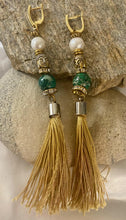 Load image into Gallery viewer, Exotic Green Jasper Gemstone Tibetan Style Dangle Earrings with Silk Tassels
