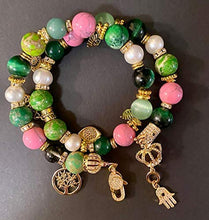 Load image into Gallery viewer, Exotic Pink &amp; Green Jasper, Green Agate &amp; Cultured Pearl Gemstone Tibetan Double Wrap Bracelet
