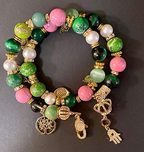 Exotic Pink & Green Jasper, Green Agate & Cultured Pearl Gemstone Tibetan Double Wrap Bracelet