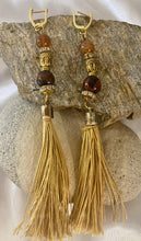 Load image into Gallery viewer, Exotic Brown Tiger Eye Gemstone Tibetan Style Dangle Earrings with  Silk Tassels
