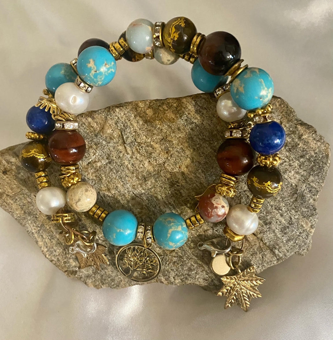 Exotic Turquoise, Tiger Eye & Pearl Gemstone Double Wrap Bracelet