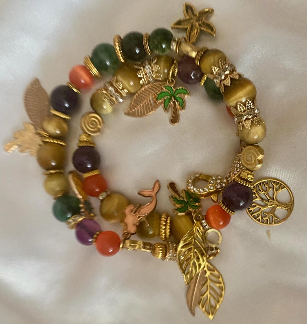 Exotic Amethyst, Gold Tiger Eye & Green Ghost Agate Gemstone Tibetan Double Wrap Bracelet