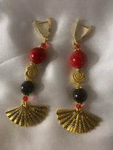 Load image into Gallery viewer, Exotic Red Jasper and Black Agate Gemstone Dangle Earrings with Fan Charm
