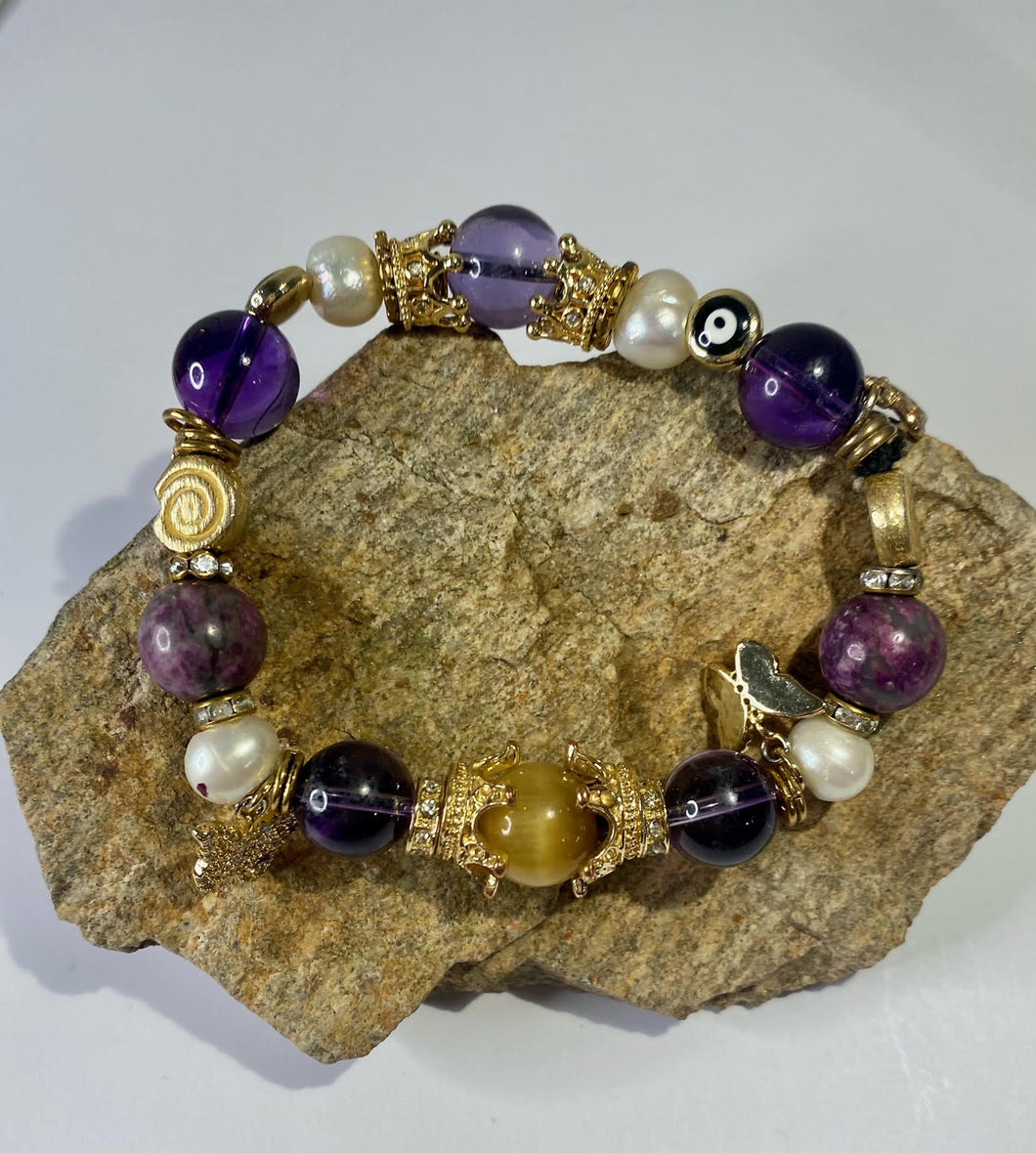 Exotic Amethyst, Tiger Eye & Pearl Tibetan Stretch Bracelet