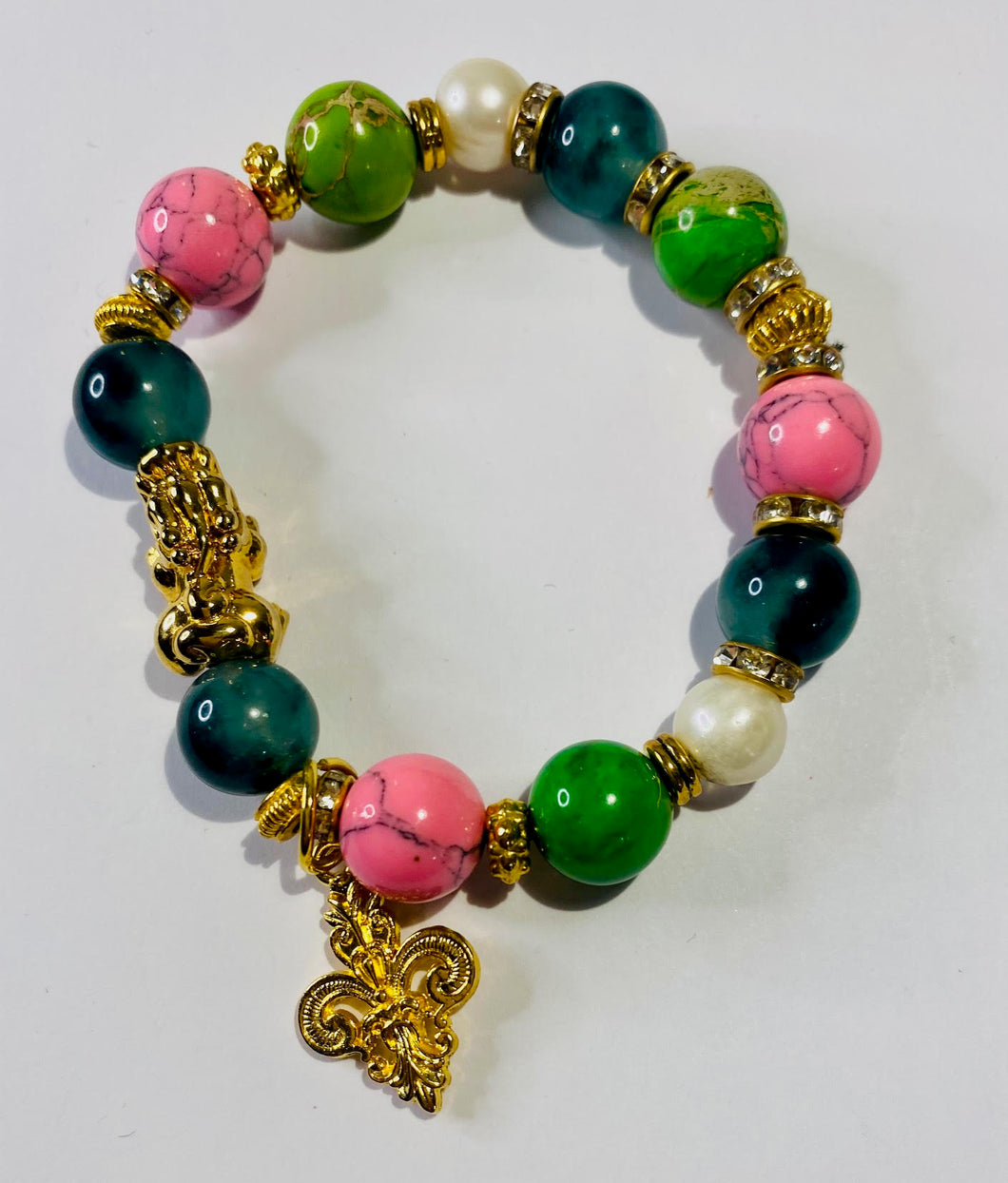 Exotic Green Jasper, Pink Jasper and Pearl Stretch Bracelet