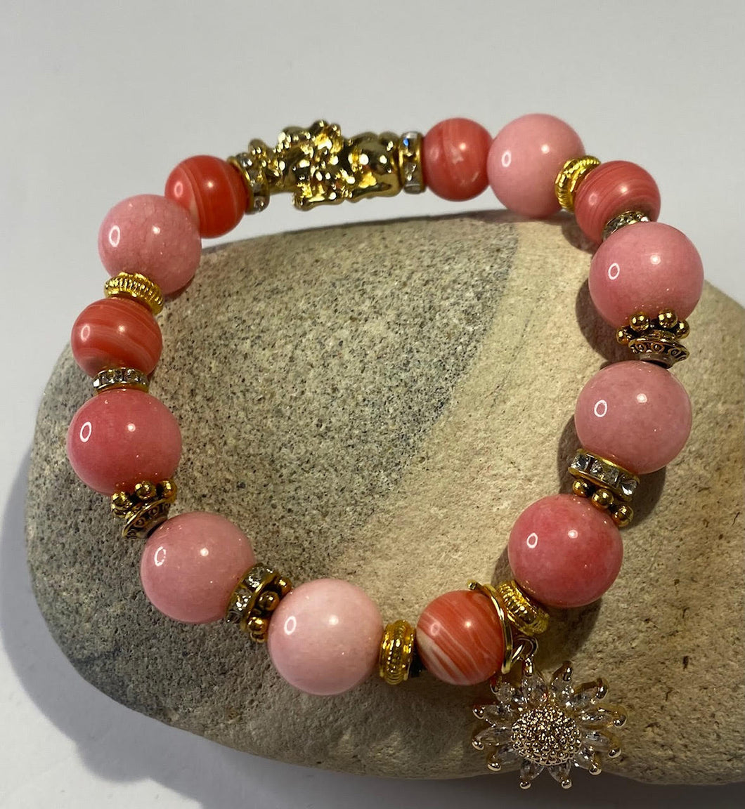 Exotic Pink Quartz & Agate with Daisy Charm Gemstone Stretch Bracelet