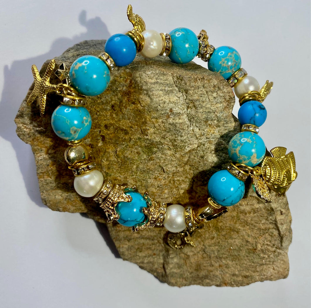 Exotic Turquoise Jasper & White Cultured Pearl Stretch Bracelet with Marine Charms