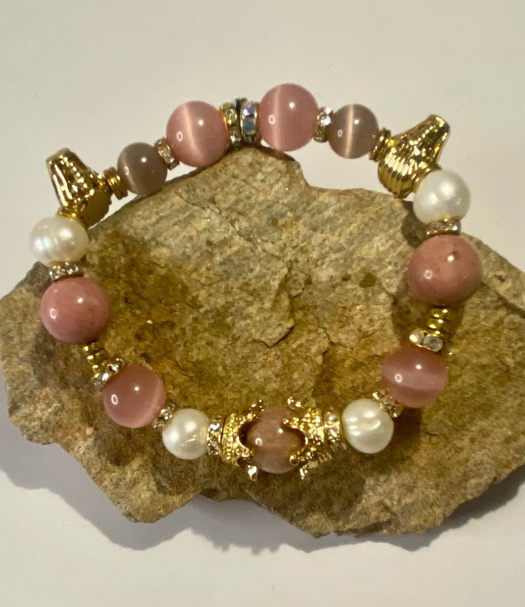 Exotic Pearl Pink Cat Eye Quartz & Rhodonite Gemstone Stretch Bracelet with Charms