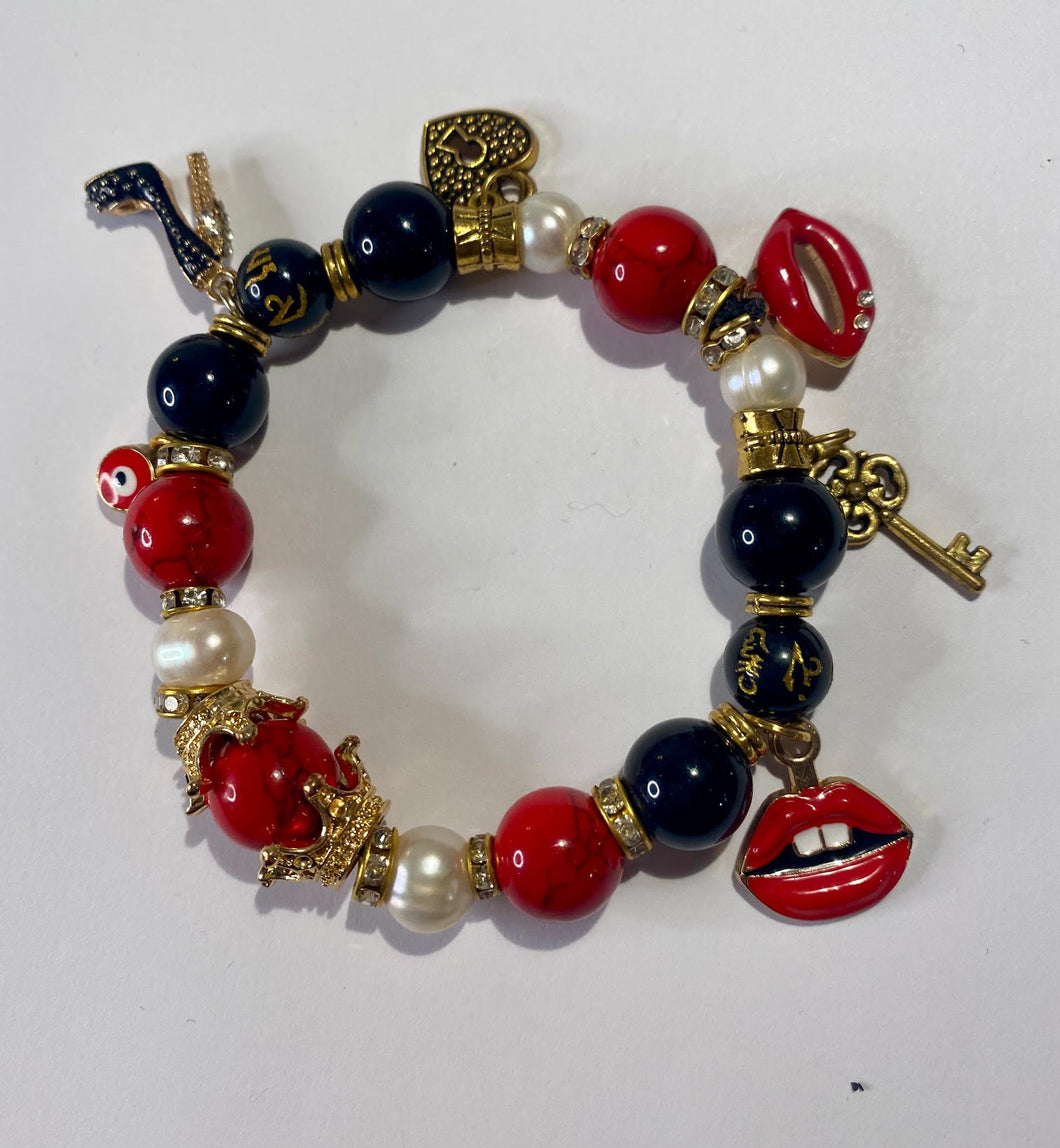 Exotic Red Jasper Black Agate and White Cultured Pearls Gemstone Stretch Bracelet