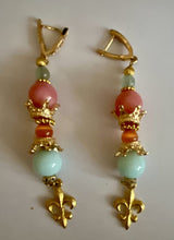 Load image into Gallery viewer, Light Blue Larimar, Peachy Pink Agate Gemstone Dangle Earrings
