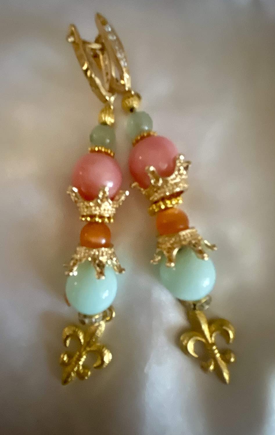 Light Blue Larimar, Peachy Pink Agate Gemstone Dangle Earrings