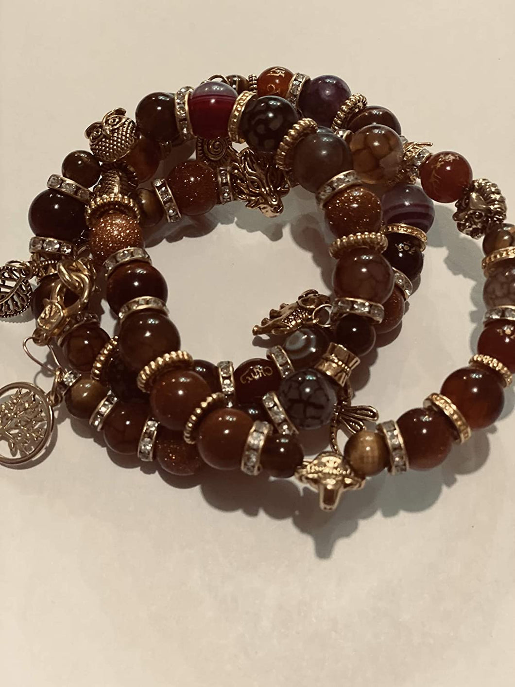 Exotic Tiger Brown Eye and Agate Gemstone Tibetan Style Triple Wrap Bracelet