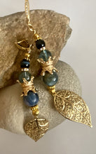 Load image into Gallery viewer, Kyanite &amp; Light Blue Quartz Gemstone Tibetan Style Dangle Earrings with Leaf Charm
