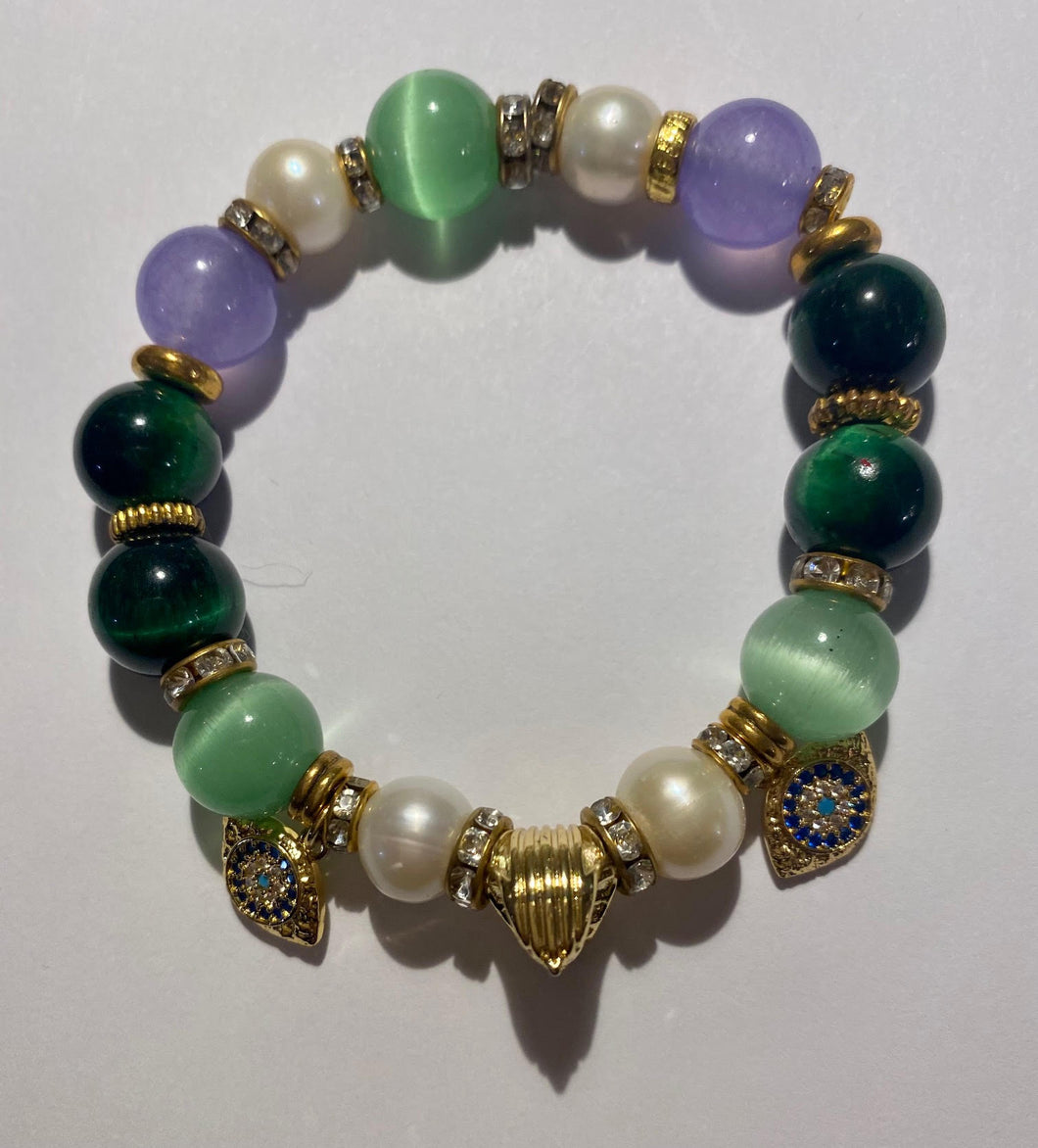 Exotic Light Green Tiger Eye & Light Purple Agate Gemstone Tibetan Stretch Bracelet