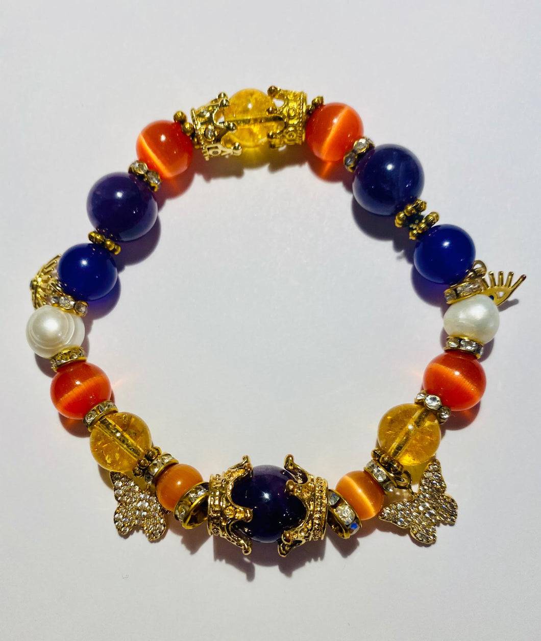 Exotic Gold Citrine, Amethyst and Orange Cat Eye Quartz Gemstone Stretch Bracelet