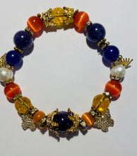 Load image into Gallery viewer, Exotic Gold Citrine, Amethyst and Orange Cat Eye Quartz Gemstone Stretch Bracelet
