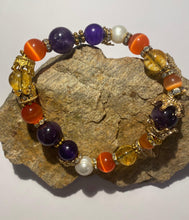 Load image into Gallery viewer, Exotic Gold Citrine, Amethyst and Orange Cat Eye Quartz Gemstone Stretch Bracelet
