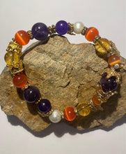 Load image into Gallery viewer, Exotic Gold Citrine, Amethyst and Orange Cat Eye Quartz Gemstone Stretch Bracelet
