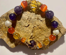 Load image into Gallery viewer, Exotic Gold Citrine, Amethyst and Orange Cat Eye Quartz Gemstone Stretch Bracelet
