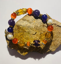 Load image into Gallery viewer, Exotic Gold Citrine, Amethyst and Orange Cat Eye Quartz Gemstone Stretch Bracelet
