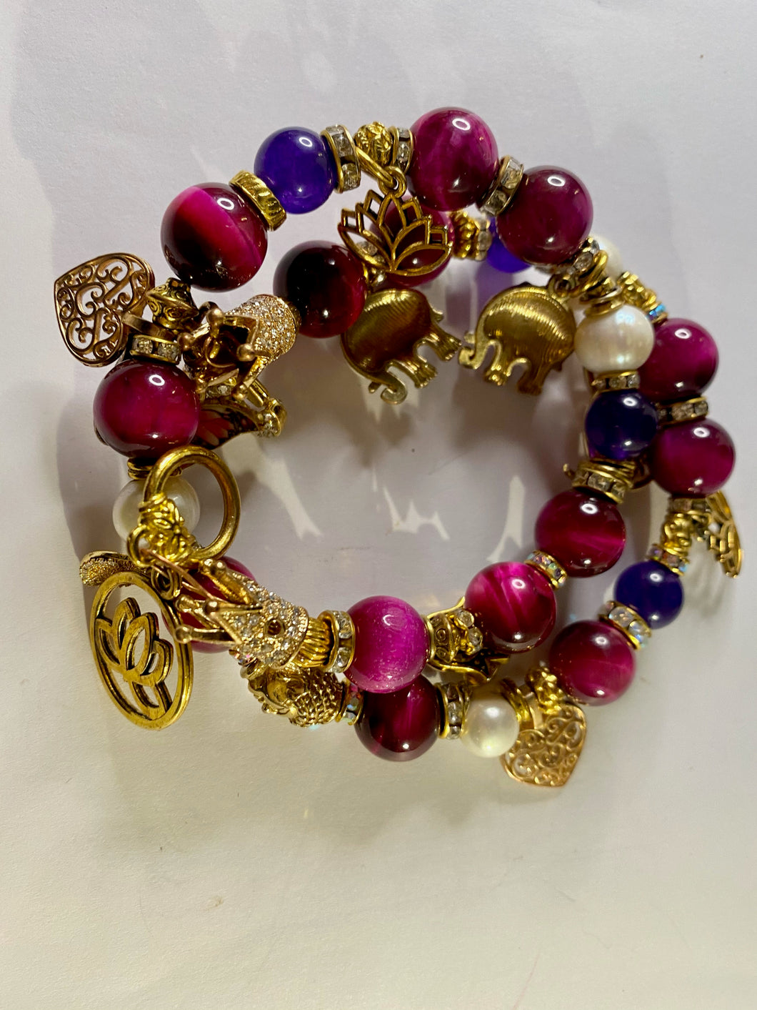 Exotic Fuchsia Tiger Eye Gemstone Double Wrap Bracelet