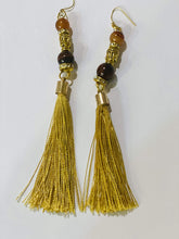 Load image into Gallery viewer, Exotic Brown Tiger Eye Gemstone Tibetan Style Dangle Earrings with  Silk Tassels
