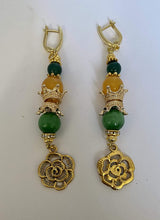 Load image into Gallery viewer, Exotic Green &amp; Yellow-Orange Cat Eye Quartz &amp; Green Agate Gemstone Earrings with Rose Charm
