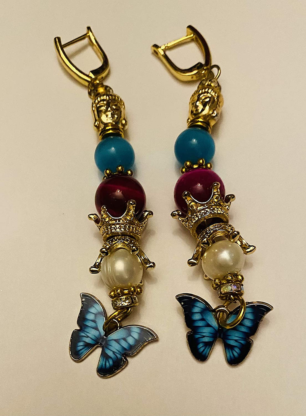 Pink & Turquoise Butterfly Gemstone Tibetan Dangle Earrings