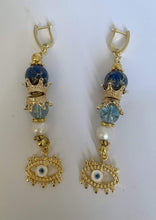 Load image into Gallery viewer, Exotic Blue Jasper, Quartz &amp; Pearl Gemstone Tibetan Style Dangle Earrings with Evil Eye Charm
