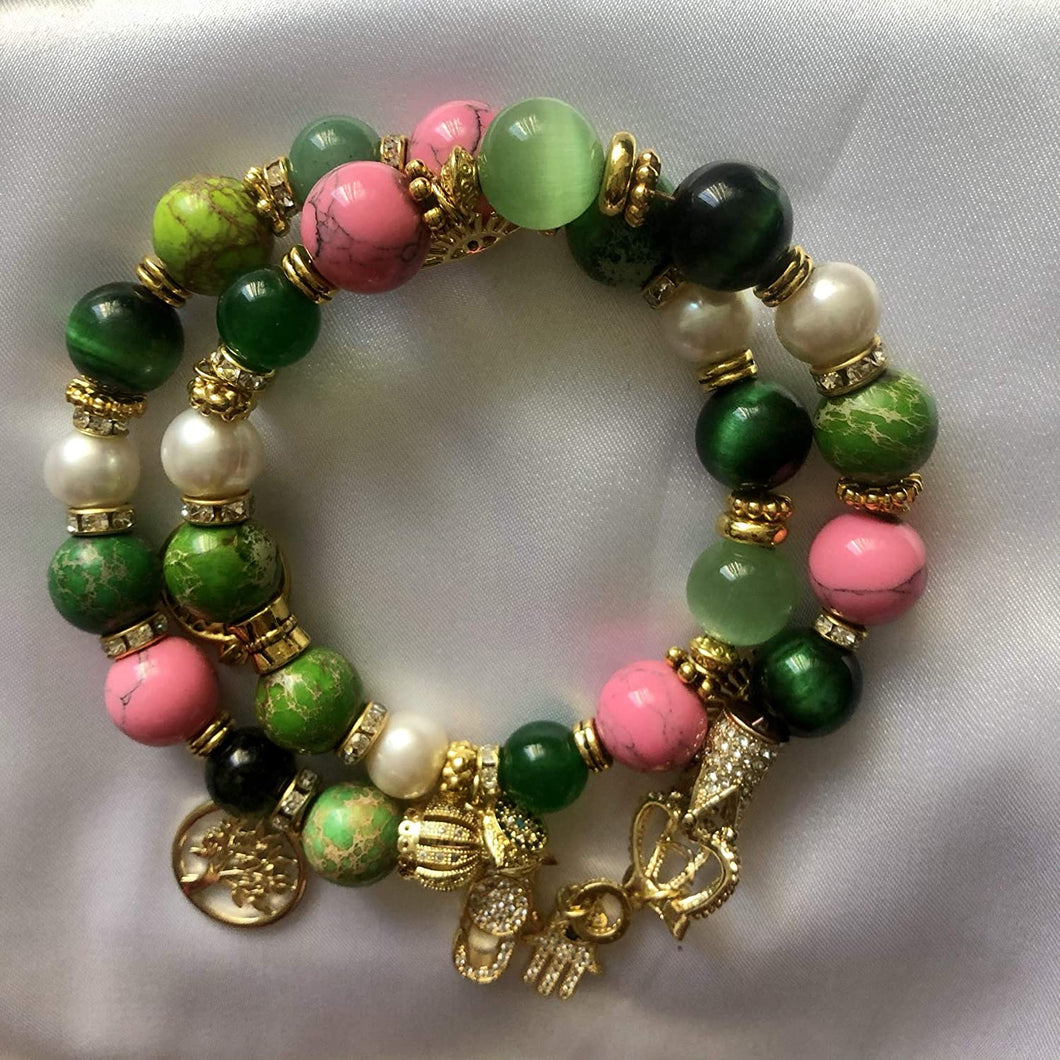 Natural Gemstone Pink & Green Jasper & Pearl Double Wrap Bracelet