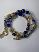 Load image into Gallery viewer, Royal Blue Agate, Pearl &amp; Tiger Eye Gemstone Tibetan Style Double Wrap Bracelet
