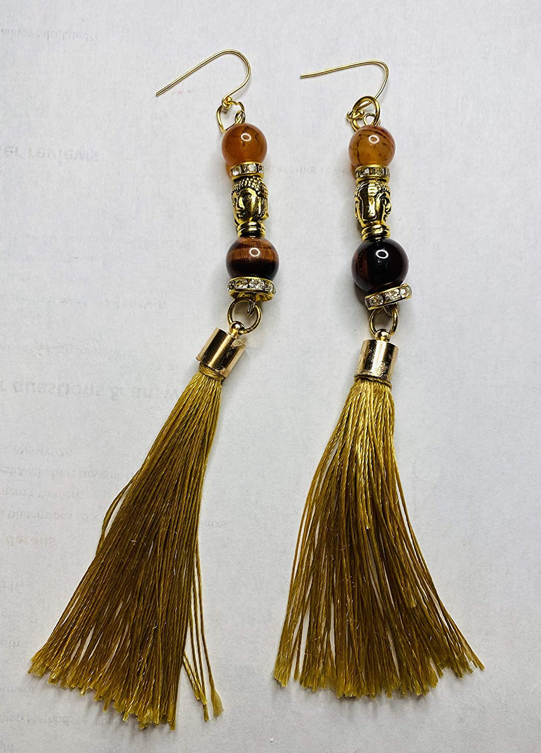 Exotic Brown Tiger Eye Gemstone Handmade Dangle Earrings with Silk Tassel