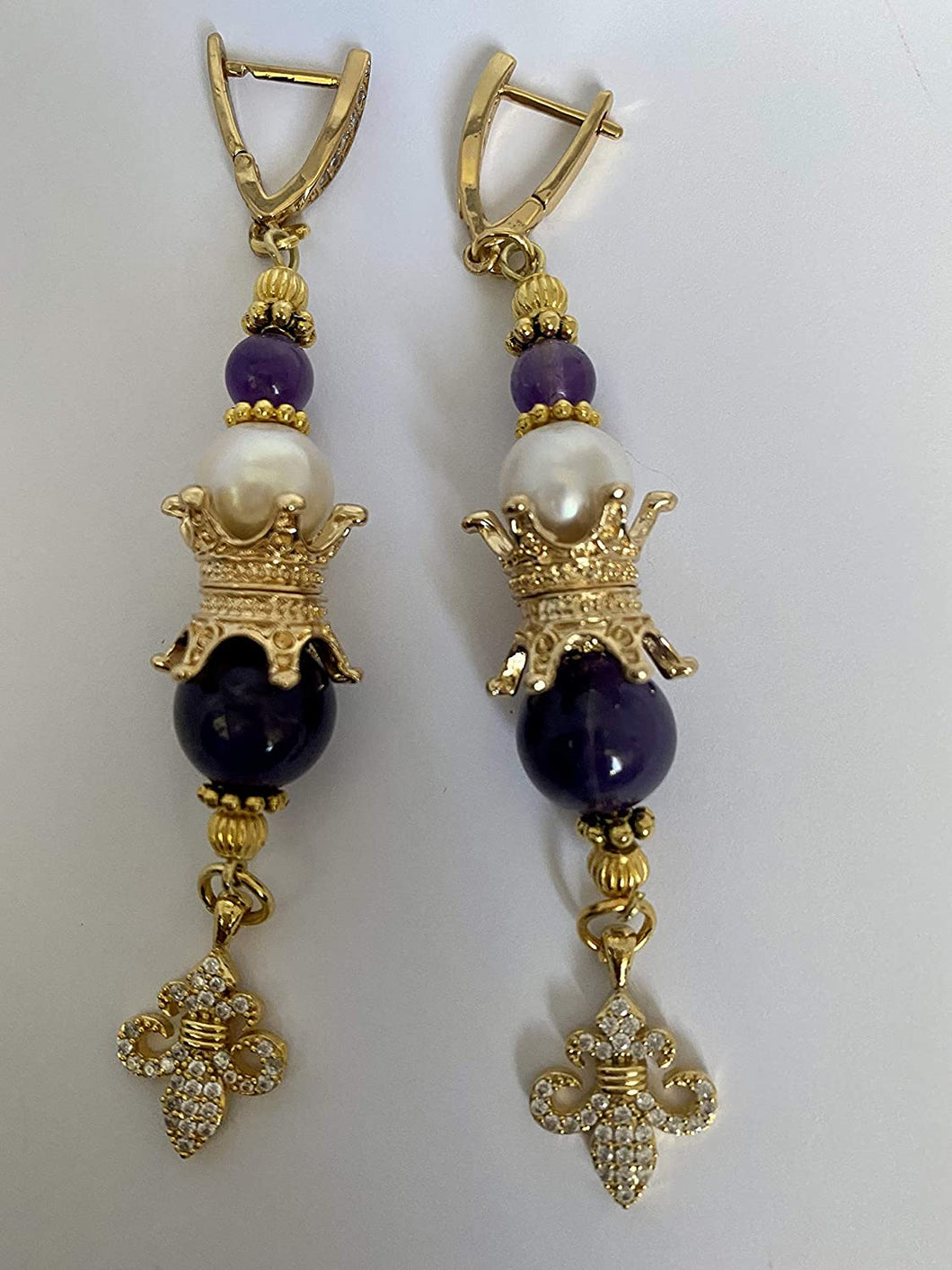 Exotic Amethyst & Pearl Gemstone Tibetan Dangle Earrings