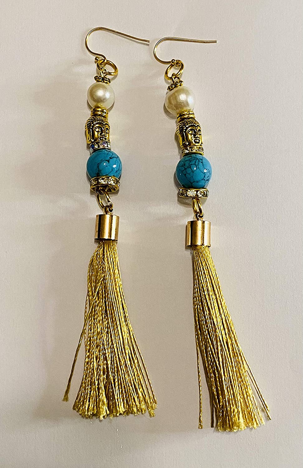 Exotic Pearl & Turquoise Gemstone Dangle Earring with Silk Tassel