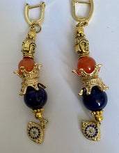 Load image into Gallery viewer, Amethyst and Orange Cat Eye Quartz Gemstone Tibetan Dangle Earrings
