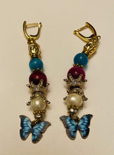 Load image into Gallery viewer, Pink &amp; Turquoise Butterfly Gemstone Tibetan Dangle Earrings
