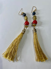 Load image into Gallery viewer, Exotic Red Jasper and Black Cultured Pearl Gemstone Dangle Earrings with Silk Tassels
