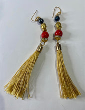 Load image into Gallery viewer, Exotic Red Jasper and Black Cultured Pearl Gemstone Dangle Earrings with Silk Tassels
