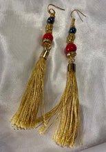 Load image into Gallery viewer, Exotic Red Jasper and Black Cultured Pearl Gemstone Dangle Earrings with Silk Tassels
