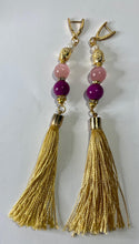 Load image into Gallery viewer, Exotic Deep Pink Jasper &amp; Cat Eye Quartz and Cultured Pearl Gemstone Tibetan Dangle Earrings with Silk Tassels
