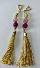 Load image into Gallery viewer, Exotic Deep Pink Jasper &amp; Cat Eye Quartz and Cultured Pearl Gemstone Tibetan Dangle Earrings with Silk Tassels
