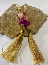 Load image into Gallery viewer, Exotic Deep Pink Jasper &amp; Cat Eye Quartz and Cultured Pearl Gemstone Tibetan Dangle Earrings with Silk Tassels
